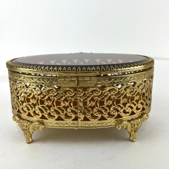 Ormolu Hollywood Regency Footed Oval Jewelry Trinket Box - Picture 5 of 8